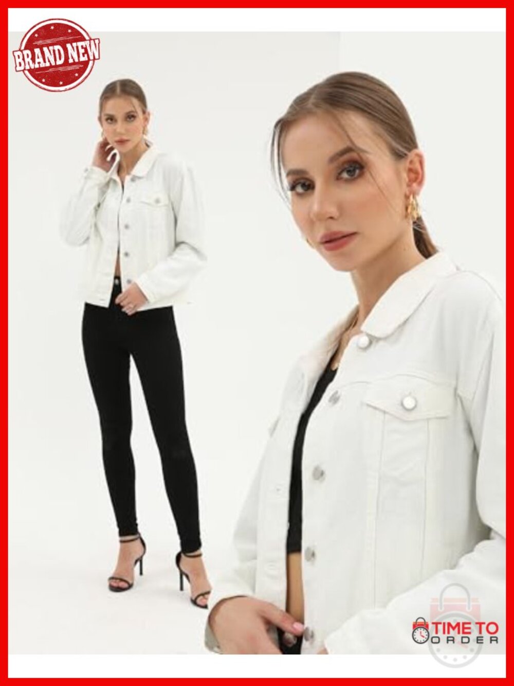 Button Up Denim Jacket with Pockets, Long Sleeve, Stretch Cotton - Picture 2 of 6